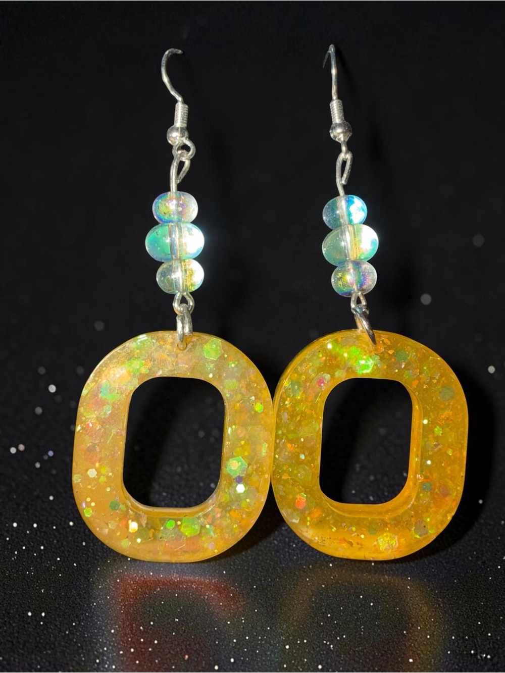 Handmade Golden Glitter Resin Square Beaded Dangle Earrings - Picture 5 of 5